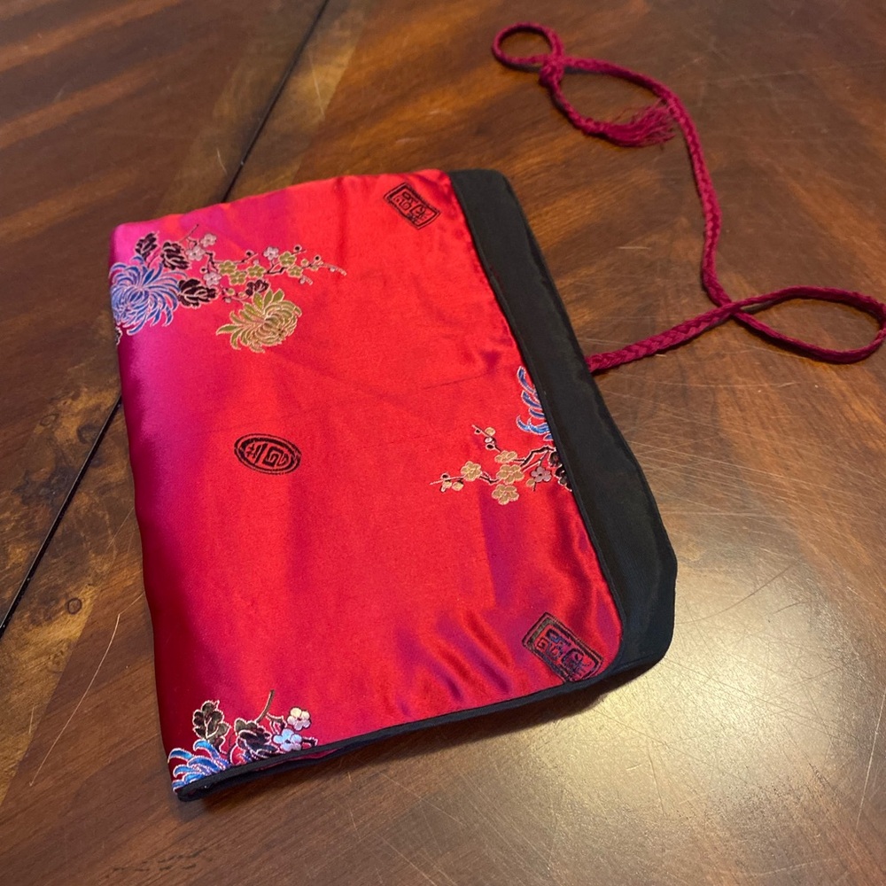 Red Embroidered Satin Fold-Over Cosmetic/Jewelry Pouch with Braided Tie - Picture 9 of 9